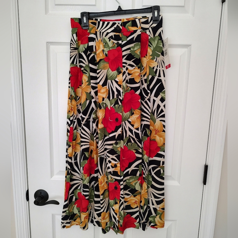 Vintage JH Collectibles Pleated Button Down Tropical Floral Skirt NWT